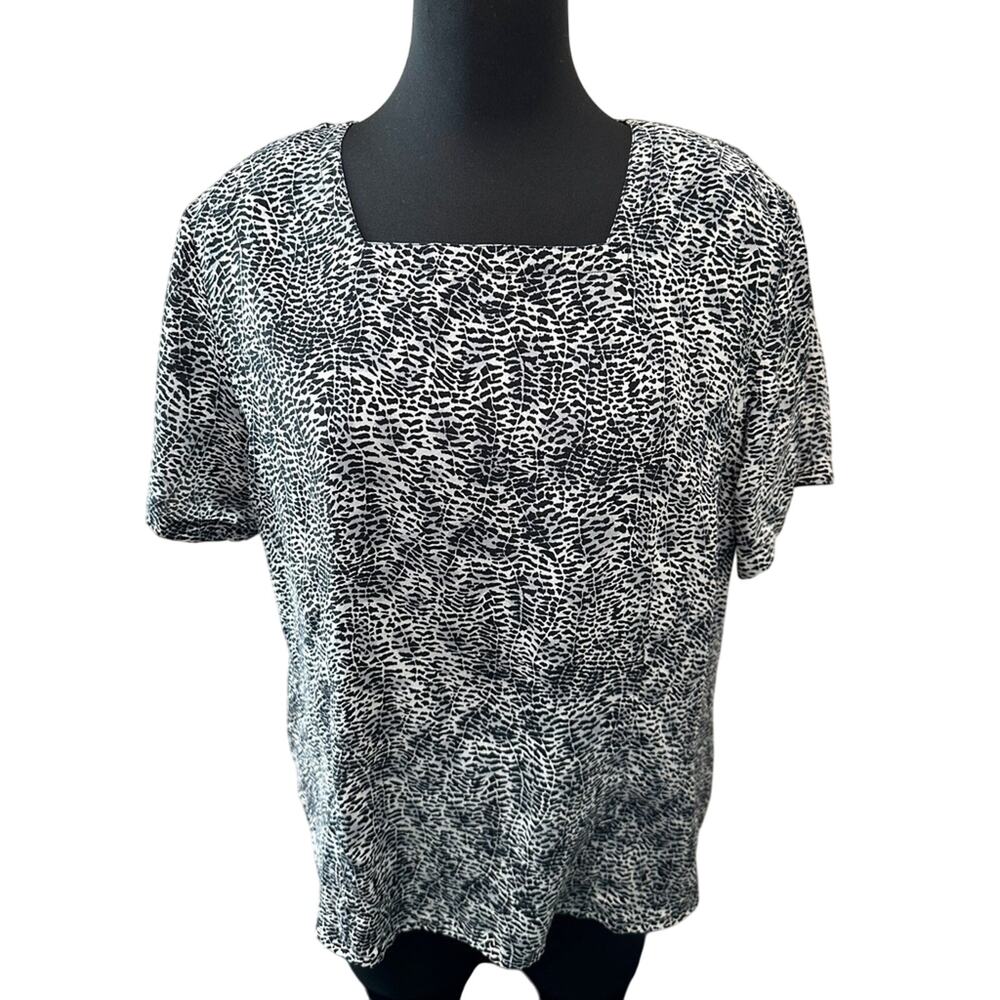 ANNA & FRANK | Vintage 100% Silk Black White Abstract Short Sleeve Top | XL